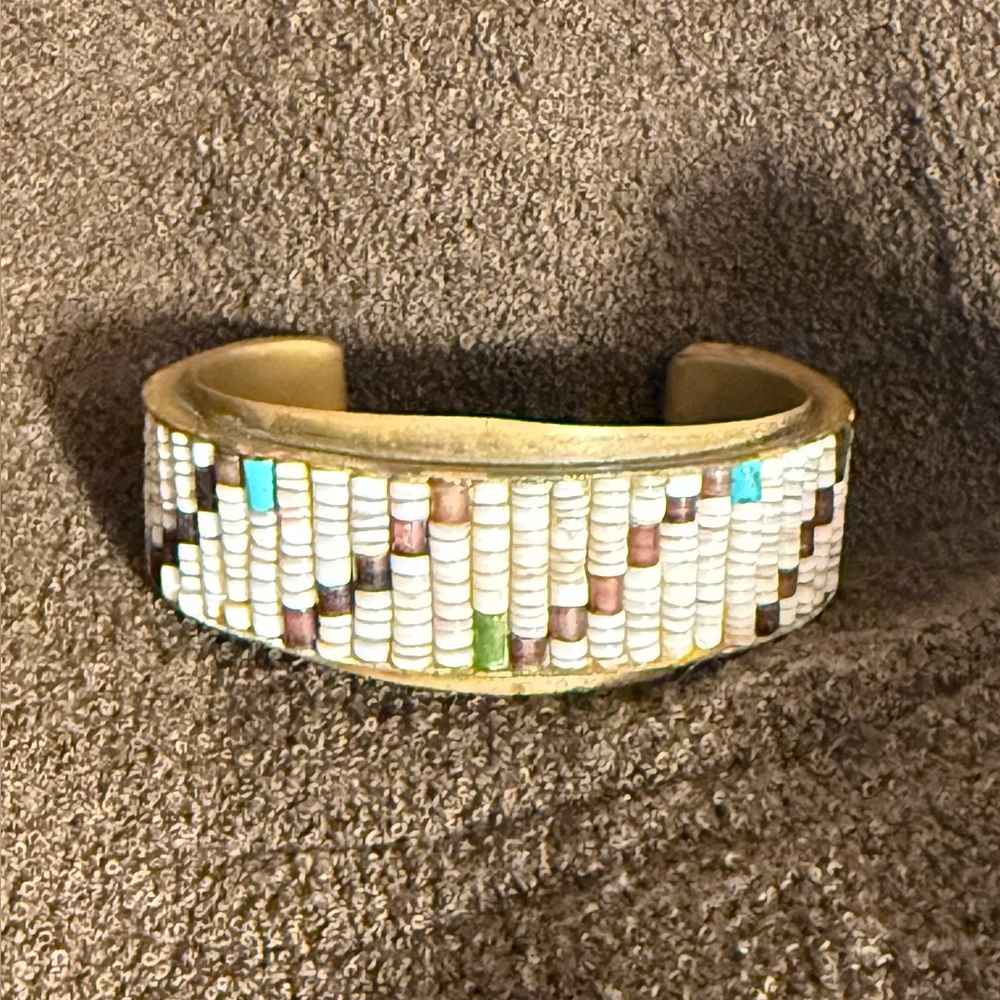 Vintage Native American Brass cuff bracelet Heishi and Turquoise
